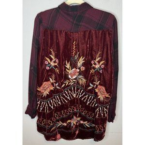 Karyn Seo X Athleta Button Front Blouse Medium Embroidered Velvet Red Plaid